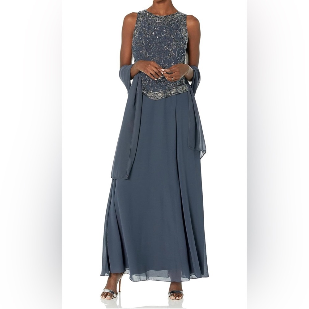 J Kara Women's Long Beaded V Trim Dress with Scarf
Size 8